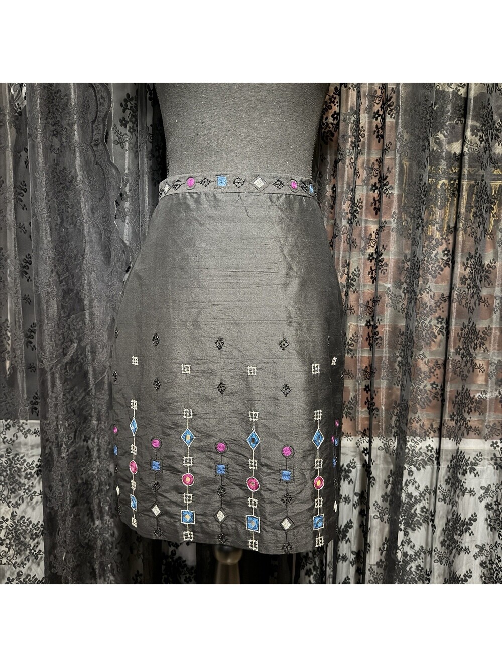 Tempesta Gruppo Americano Silk Beaded Mirror Skirt Black Sz 6 Boho